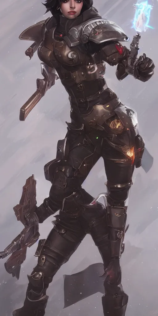 Prompt: beautiful female inquisitor with a face of Tracer, warhammer 40k, leather armor, bolt pistol in one hand, chainsword in the other, tight leather leggins, full body, ultra facial detail, Tooth Wu Artgerm Greg Rutkowski artstation deviantart, 8k, fanart, extreme aesthetic