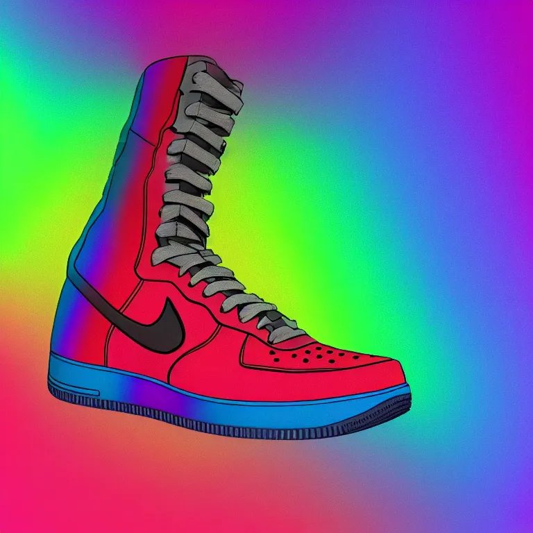 Prompt: photography of a realistic rainbow color air force sneaker, ultra detailed, 8 k, black background, trending on artstation