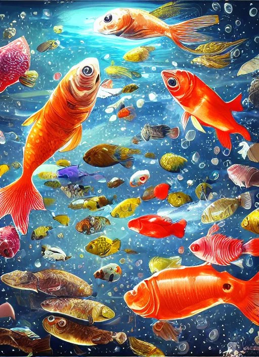 Image similar to the space closed in a bottle of water filled with fishes, trending on art station, very detailed, detailed background