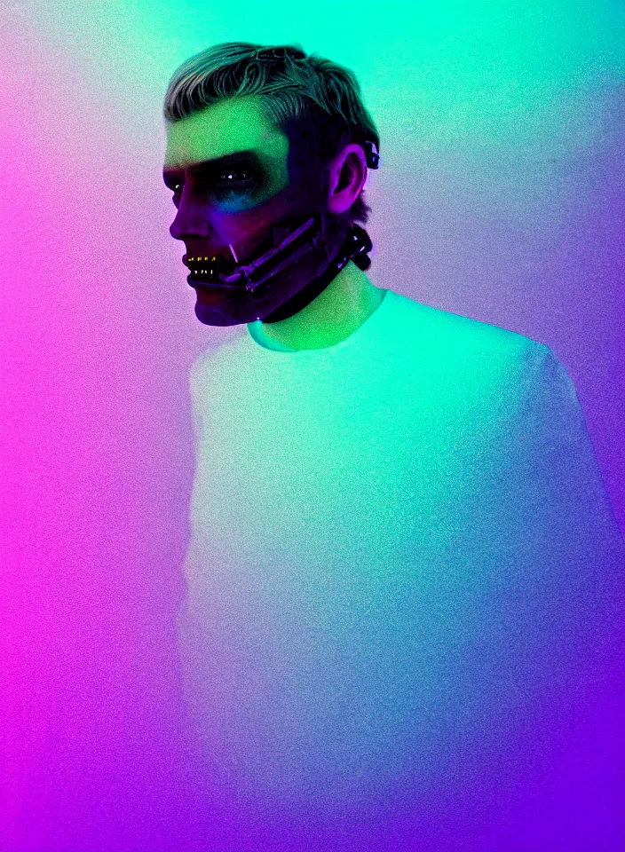 Image similar to high quality pastel coloured film close up photograph of a handsome cyborg in an icelandic black rock!! environment in a dreamstate black rock world. three point light, rainbow. photographic production. art directed. pastel colours. volumetric light. pastel gradient overlay. waves glitch artefacts. extreme facial silliness. 8 k. filmic.