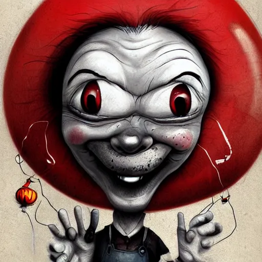 Prompt: surrealism grunge cartoon portrait sketch of a sleeping giant with a wide smile and a red balloon by - michael karcz, loony toons style, pennywise style, chucky style, horror theme, detailed, elegant, intricate