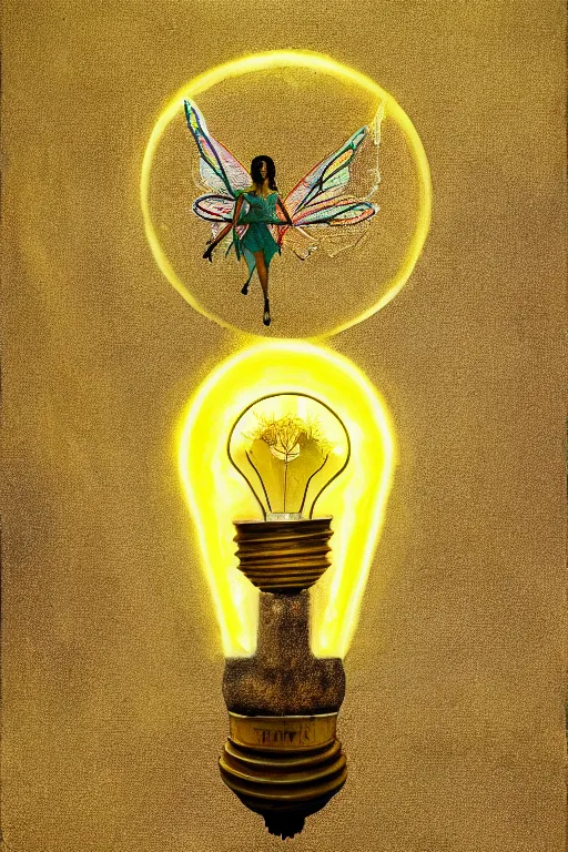Prompt: painting of a fairy inside an upside down light bulb, kintsugi, modern fine art, fractal, intricate, elegant, highly detailed, digital photography, subsurface scattering, by wes anderson and basquiat and greg rutkowski,