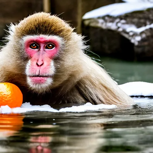 Prompt: a Japanese macaque in a snowy hot spring, oranges floating in the water, early morning