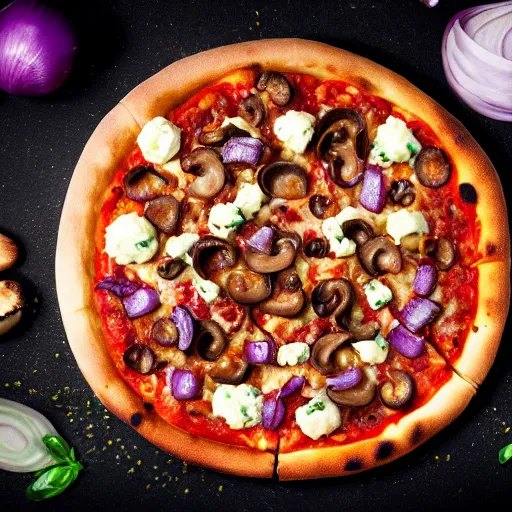 Prompt: promotional portrait photo of a delicious pizza with mozzarella, chorizo, mushrooms, bacon, blue cheese, meat balls, red onions, uhd, 8 k, award winning, commercial,