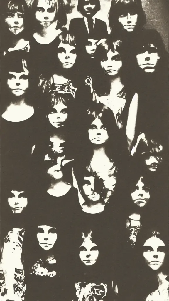 Image similar to occult satanic yearbook photo, 1 9 8 0 s, double exposure