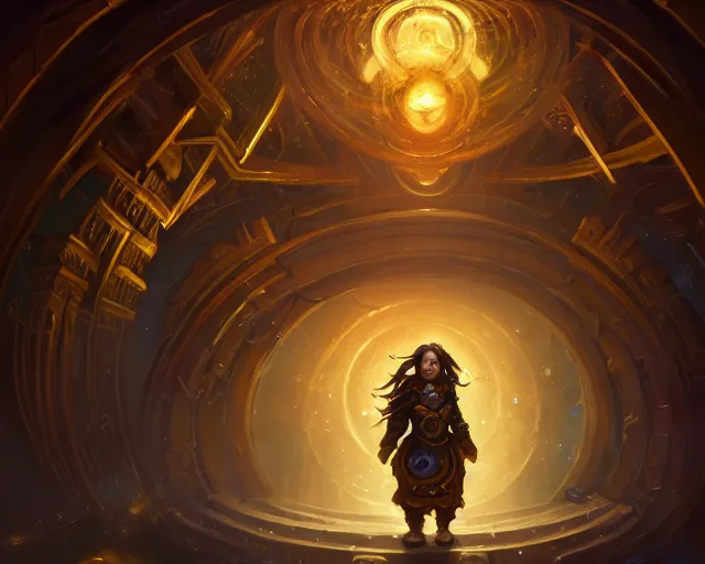 Image similar to a 4 k cinematic screenshot still portrait of a dwarf in a dark liminal space room surrounded by gold, deep focus, d & d, fantasy, intricate, elegant, highly detailed, digital painting, art station, concept art, matte, sharp focus, illustration, dark fantasy style art, hearthstone, art by artgerm and greg rutkowski and alphonse mucha