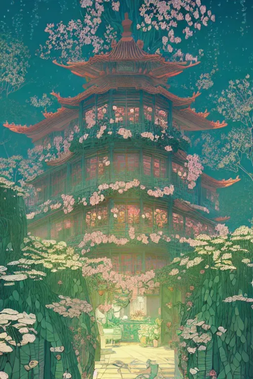 Image similar to a beautiful hyperdetailed matte illustration victo ngai style of absolutely beautiful blooming flower house, from china, perfectly shaded, atmospheric lighting, style of studio ghibli, makoto shinkai, raphael lacoste, louis comfort tiffany, artgerm, james jean, ross tran, chinese style