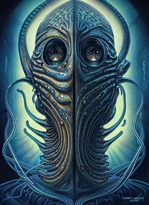 Prompt: cosmic lovecraft giger fractal random fish portrait, pixar style, by tristan eaton stanley artgerm and tom bagshaw.