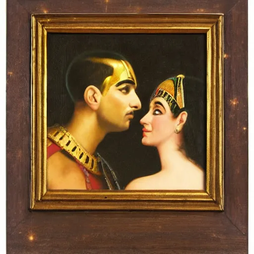 Prompt: an oil panting of cleopatra with her boyfiriend in egypt with fireworks