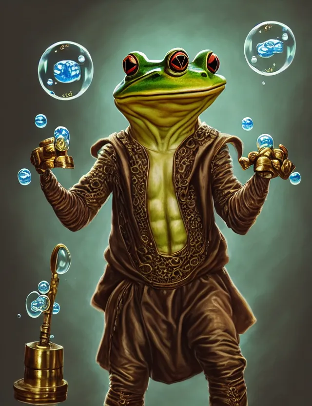Prompt: anthropomorphic bipedal frog that is dressed as a renaissance fighter, and holding brass knuckles, as a matte oil painting and d & d character art, by alex grey, standing, fullbody, floating bubbles, mystic, fog, concept art, award - winning, extremely detailed, sharp focus