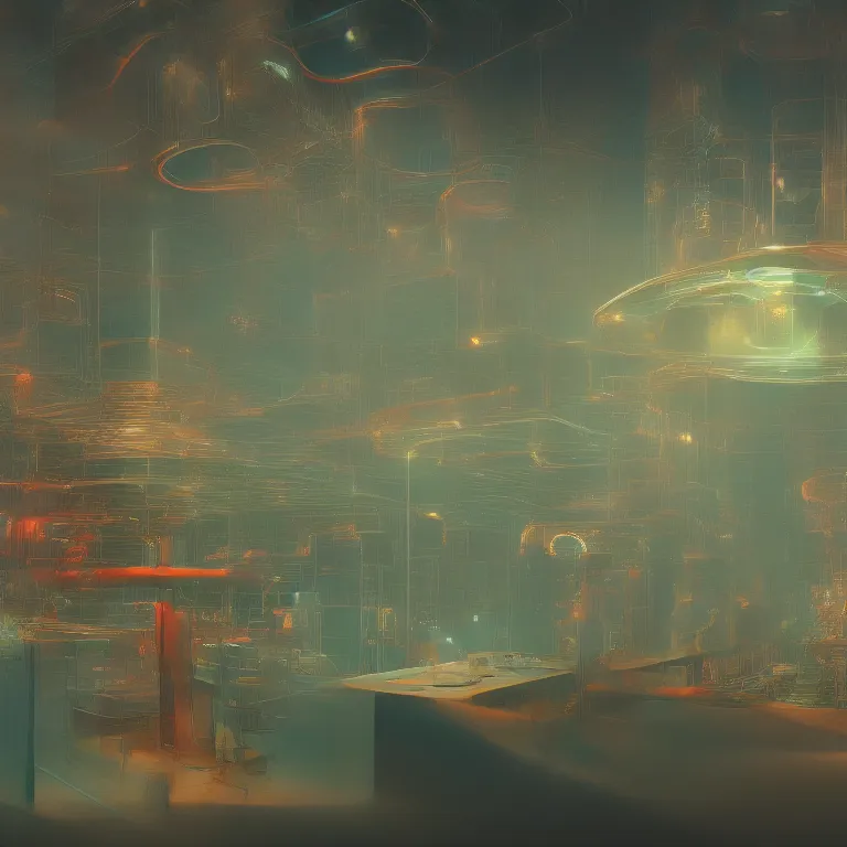 Image similar to the nexus of a vast modern computing center and a mad alchemist\'s lab with exposed circuit boards, nixie tubes and tesla coils. immaculate octane redshift concept art render by Zdzisław Beksiński and beeple, beautiful modern colors, ultradetailed, 4k ultra