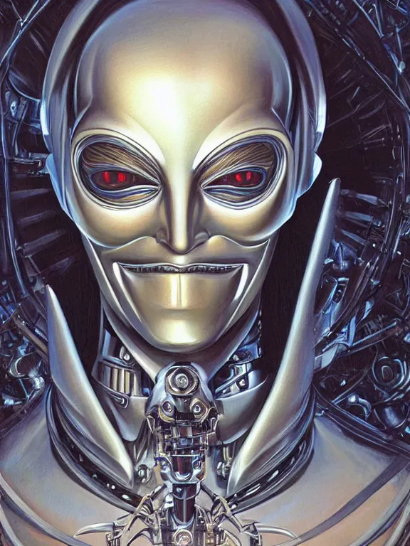 Prompt: perfectly centered portrait, front view of a beautiful biomechanical android alien anonymous guy fawkes robot, female, flowing hair, intense stare, sarcastic smile, symmetrical, concept art, intricate detail, volumetric shadows and lighting, realistic oil painting by tim hildebrandt,