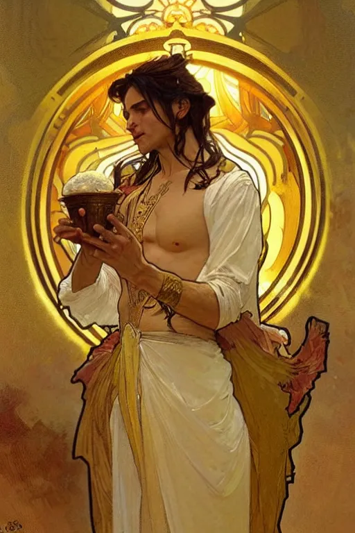 Prompt: A god wearing golden clothes, eating ice cream, fantasy, painting by greg rutkowski and alphonse mucha