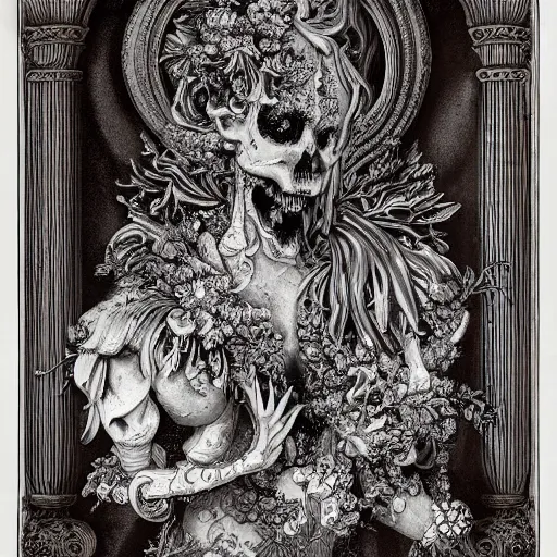 Image similar to a beautiful detailed front view baroque portrait of a rotten woman corpse with fractal plants and fractal flowers and mushrooms growing around, intricate, symmetrical, ornate, ornamentation, bones, in the style of art nouveau