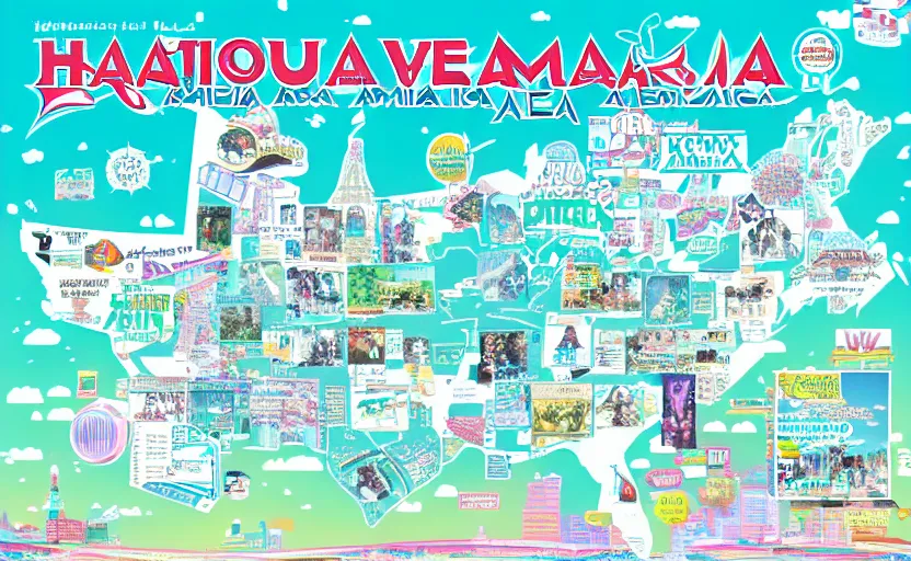 Image similar to hatsune miku across america map, map key, tourist map, brochure