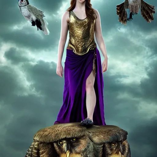 Image similar to Anna Kendrick as the Goddess Minerva with her dark purple toga slipping off her shoulders which her owl is sitting upon 8k resolution hyperdetailed photorealism amazing level of detail and ultra high quality and beautifully crafted