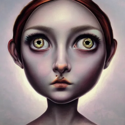 Image similar to hyper detailed painting of a girl with big eyes in the style of artist mark ryden, symmetrical composition, in a landscape