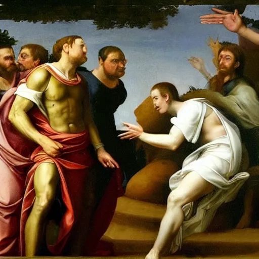 Prompt: A dramatic renaissance painting of Elon Musk buying Twitter