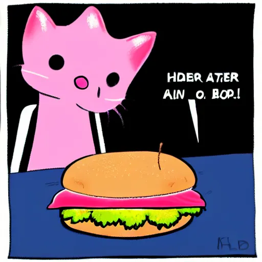 Image similar to a pink cat eating a hamburger