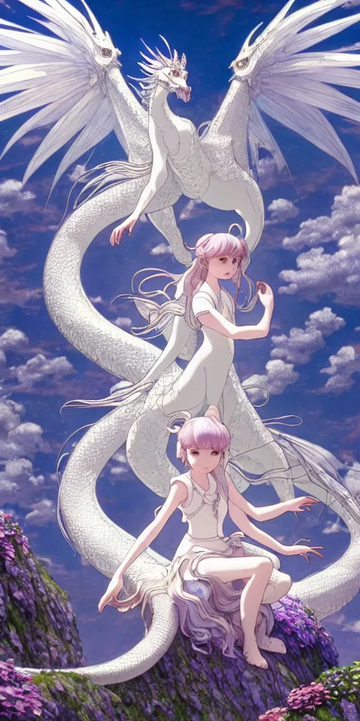 Image similar to the beautiful hyper detailed scene render that a beautiful princess sitting on the back of a huge silver white dragon alone in the fairyland surrounded by white clouds, finely detailed angelic face delicate features, style of studio ghibli, makoto shinkai, raphael lacoste, louis comfort tiffany, artgerm, james jean, ross tran, animation style, hd, ultra wide angle