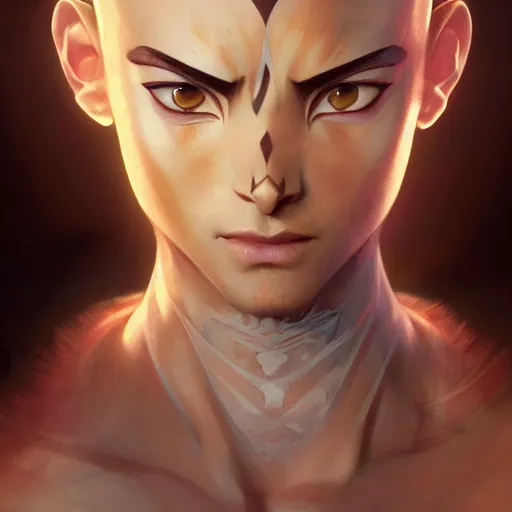 Prompt: Portrait of avatar aang in the avatar state, fantasy, intricate, elegant, highly detailed, digital painting, artstation, concept art, smooth, sharp focus, illustration, art by artgerm and greg rutkowski and alphonse mucha