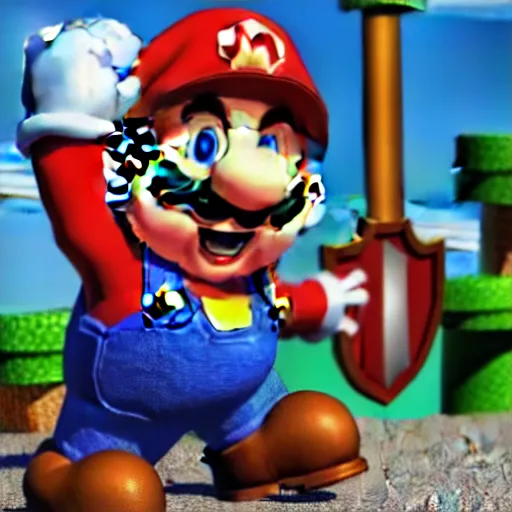 Image similar to super mario holding a sword and shield, highly detailed, extremely high quality, hd, 4 k, 8 k, canon 3 0 0 mm, professional photographer, 4 0 mp, lifelike, top - rated, award winning, realistic, detailed lighting, detailed shadows, sharp, no blur, edited, corrected, trending