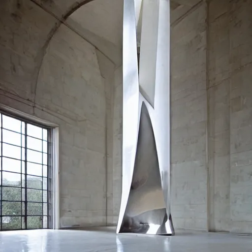 Image similar to giant Italian modern castle living room, clean minimalist design, that is 1300 feet tall, with very tall giant walks, giant modern stainless steel sculpture by John Chamberlain, photo by Annie Leibovitz