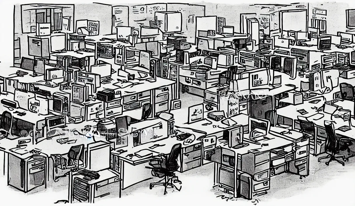 Image similar to a cartoon drawing of an office with desks chairs computers and other office equipment, saturday morning cartoon