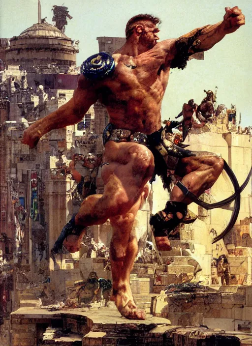 Image similar to jocko willink as huge warrior fighting godlike at the walls of troy, dynamic action science fiction, by john berkey and lawrence alma tadema and rick berry and norman rockwell and jack kirby
