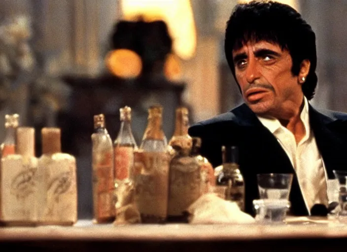 Image similar to tony montana from movie scarface 1 9 8 3 sitting behind a big black oak table with big large packages of flour. long shot. al pacino. perfect symmetric face, coherent eyes, fine details, 4 k, ron cobb. last scene from scarface movie