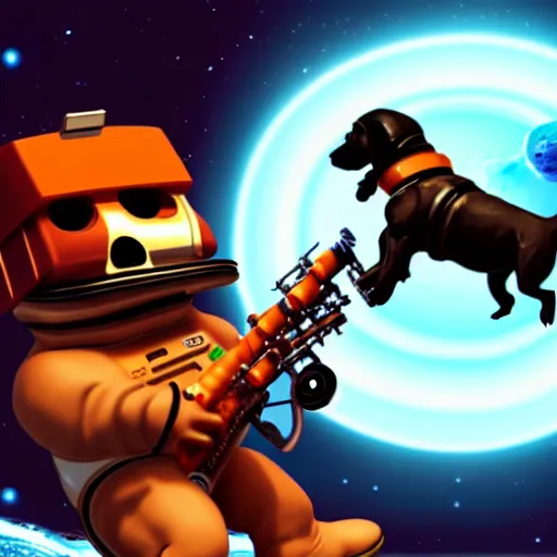 Prompt: t 8 0 0 terminator eating sandwich, hugging a cute puppy while surfing on a saxophone over rings of saturn in space, team fortress 2 sцcreenshot