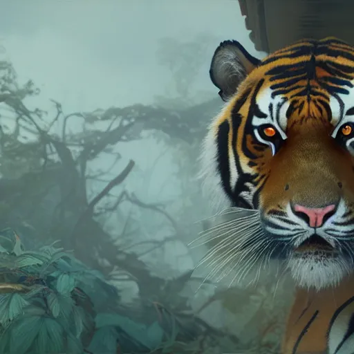 Image similar to portrait of a tiger, exudes terror, highly detailed vfx portrait, unreal engine, greg rutkowski, loish, rhads, caspar david friedrich, makoto shinkai and lois van baarle, ilya kuvshinov, rossdraws, elegent, tom bagshaw, alphonse mucha, global illumination, detailed and intricate environment.