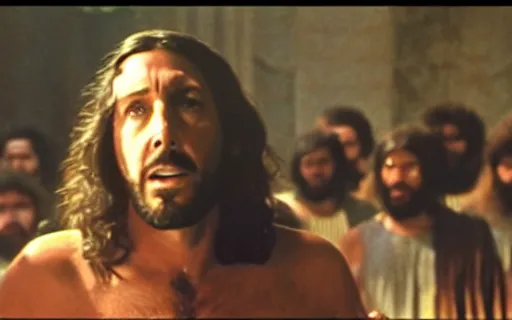 Prompt: a still of adam sandler as jesus christ in jesus christ superstar (1973)