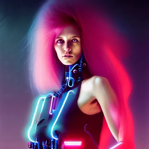 Image similar to a portrait of a beautiful young 28th century super cool post-human female with long neon like hair, barely human and largely biomechanical machine, hyper-realistic cyberpunk style, image by tom bagshaw , IKuvshinov Ily, photos by Annie Leibovitz, moody, models by 500px, dramatic cinematic lighting rendered by octane, 8k, detailed, intricate, clean and textures, trending on artstation, deviantart google images, pinterest