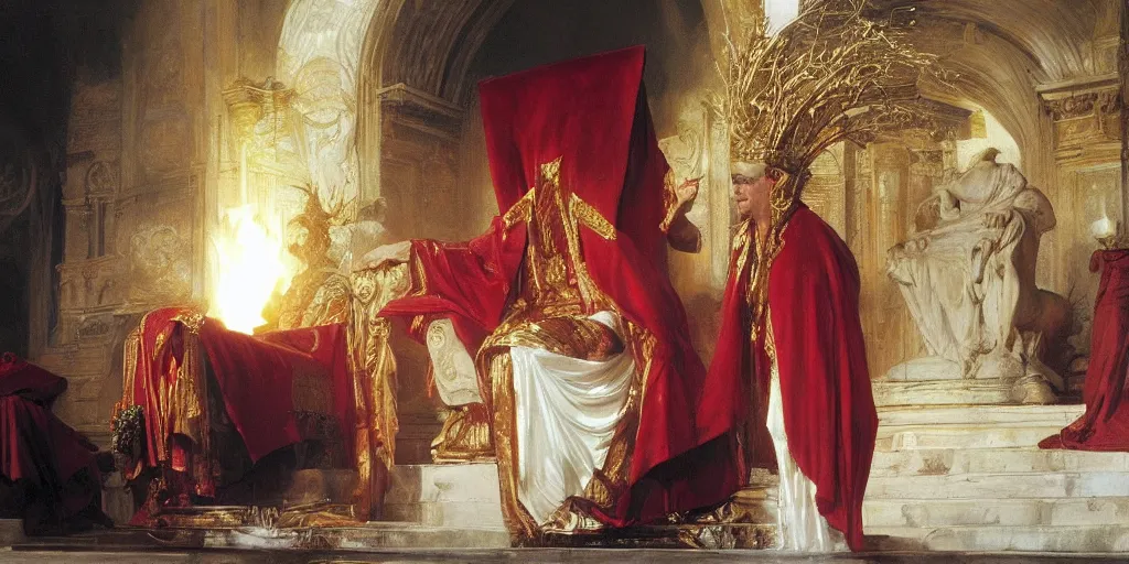 Image similar to beautiful oil painting, steve buscemi in royal crimson robes enthroned as the god emperor of ancient rome a golden wreath upon his head, by anders zorn, wonderful masterpiece by greg rutkowski, beautiful cinematic light, american romanticism, by thomas lawrence, greg rutkowski