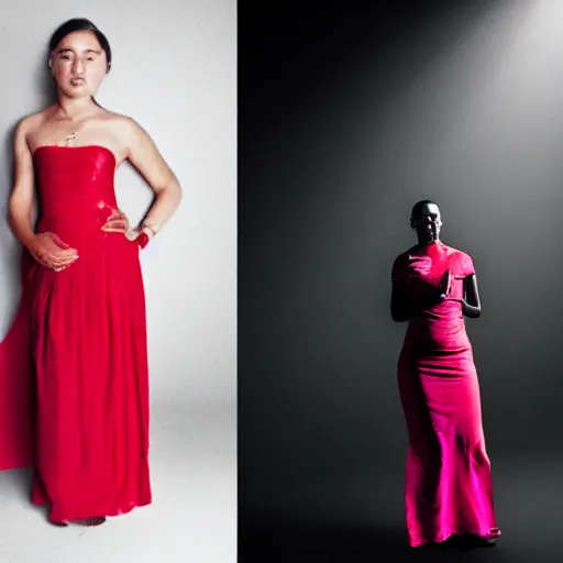 Image similar to A man stands in a black room with one source of light from a lantern it is pink, a woman stands in the dark in a red dress with a slit on her leg, Francis style