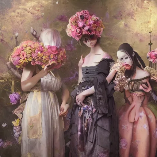 Image similar to 8k, octane render, cyberpunk painting, realism, tonalism, renaissance, rococo, baroque, group of creepy young ladies wearing long harajuku manga dress with flowers and skulls, background chaotic flowers