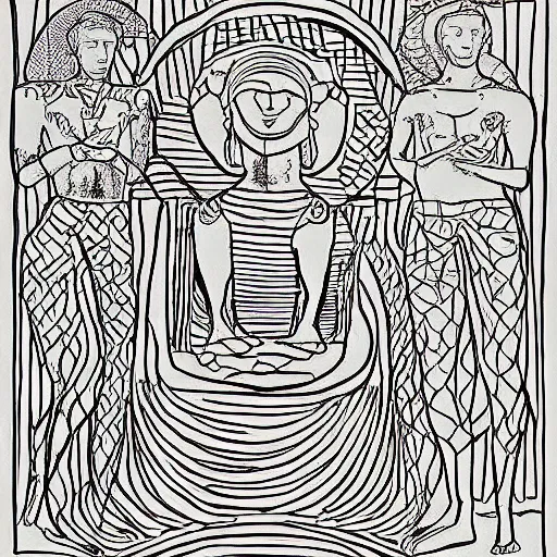 Image similar to digital art, coloring - in sheet by josef albers harrowing. the sculpture shows venus seated on a crescent moon. she is surrounded by the goddesses ceres & bacchus, who are both holding cornucopias.