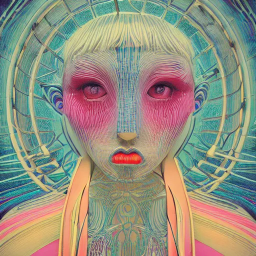 Prompt: a girl with huge shiny silver eyes, colored woodcut, poster art, by Mackintosh, art noveau, by Ernst Haeckel, bright pastel colors, 8k, octane render,