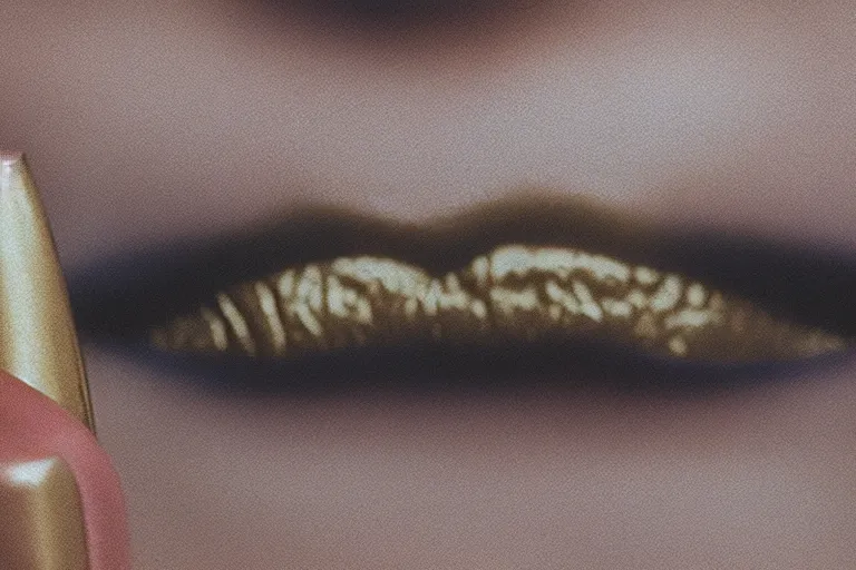 Image similar to film photography, gonzo, close-up of а woman\'s mouth with smeared lipstick , golden hour, 35mm, motion blur