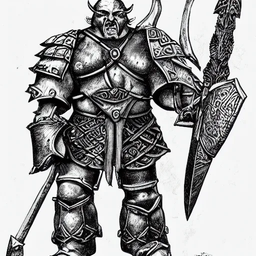 Image similar to ogre warrior wearing plated armor who is holding a battle axe in the style of warhammer fantasy : : head and torso drawing