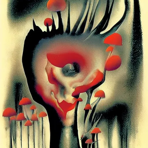 Image similar to psychedelic mushrooms dream, by dave mckean