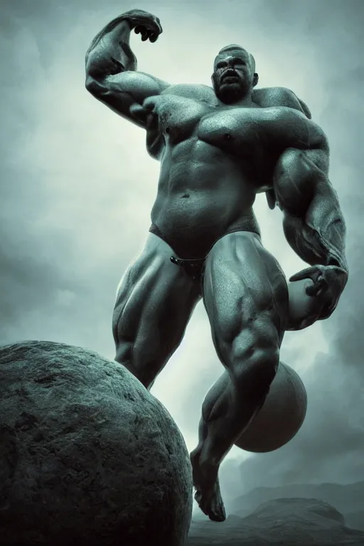 Image similar to a muscular man carrying the Earth on his back, big beard, bold, hyperrealistic, concept art, octane render, unreal engine 5, trending on Artstation, high quality, highly detailed, 8K, soft lighting, anatomically correct, five fingers, blue background, geometric, digital art, trending on DeviantArt, matte painting, fantasy style, dramatic lighting, cinematic