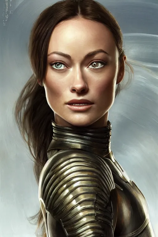 Image similar to a professional painting of a young Olivia Wilde, clothes in military armor, olive skin, long dark hair, beautiful bone structure, symmetrical facial features, intricate, elegant, digital painting, concept art, smooth, sharp focus, illustration, from StarCraft by Ruan Jia and Mandy Jurgens and Artgerm and William-Adolphe Bouguerea