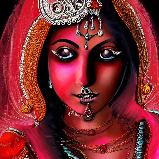 Image similar to beautiful Hindu queen of the dark with veil, in darkness, cover with a lot of red water, horror terrifying, surreal realistic, photorealistic, hyper details, full HD, 8k!