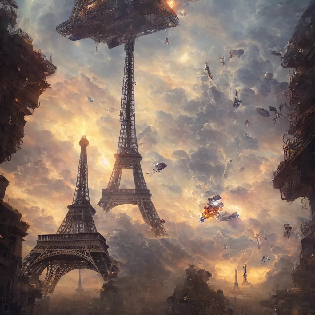 Image similar to tictac ufo crashing on the eiffel tower, hyper-realistic, Peter Mohrbacher Takayuki Takeya , dramatic cinematic lighting rendered by octane, 8k, photograph