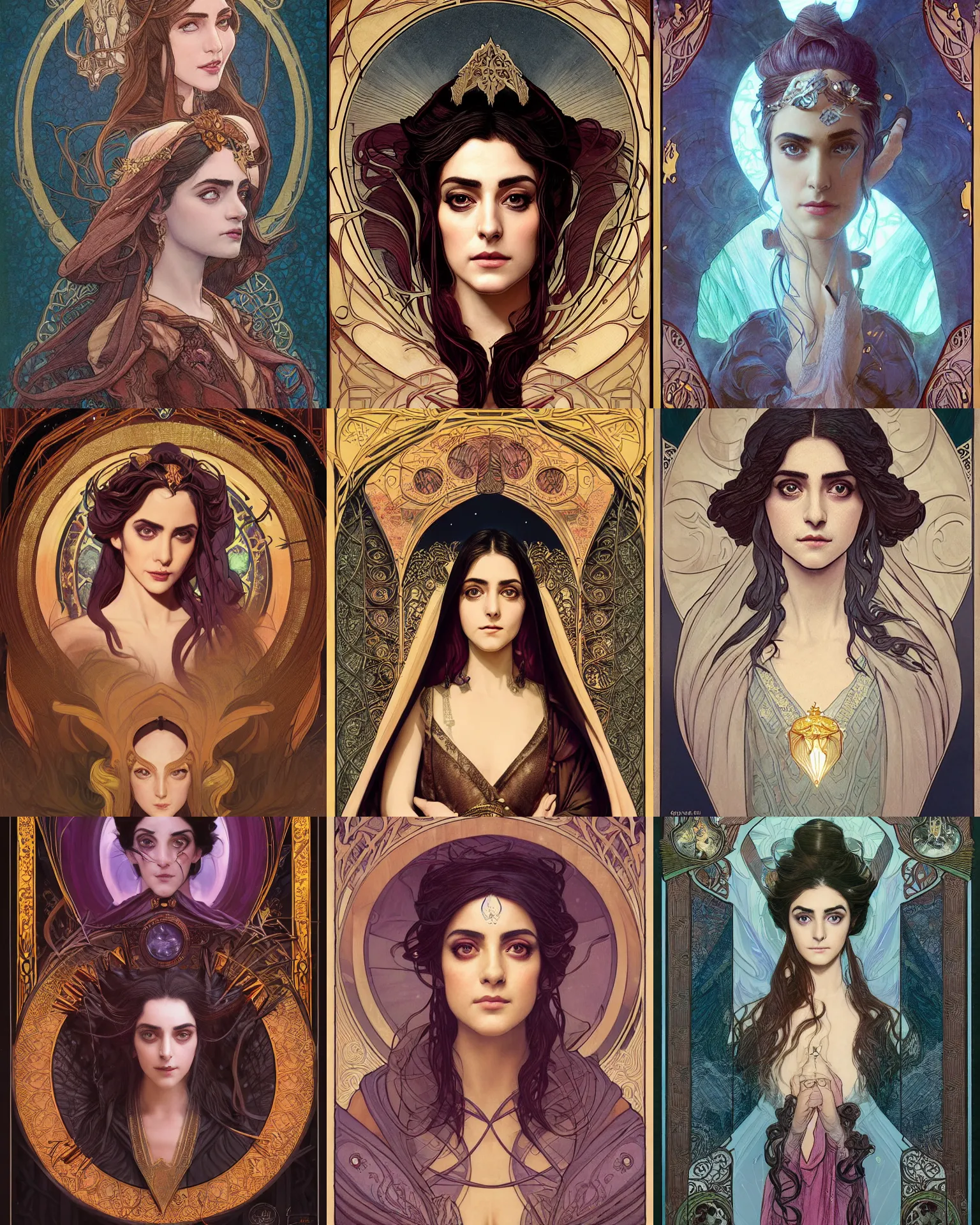 Prompt: masterpiece head-on symmetrical centered bust-view portrait, Maya Ali as D&D sorcerer, Art Nouveau style, wizard robe, fantasy, delicate, elegant, in the style of Greg Rutkowski and Moebius and Mohrbacher and ROSSDRAWS and Ross Tran and Alphonse Mucha and Ayami Kojima and Charlie Bowater and Jean Delville, Pixar, Maya engine, splash comics, tarot card style, Art Nouveau, rich bright colours