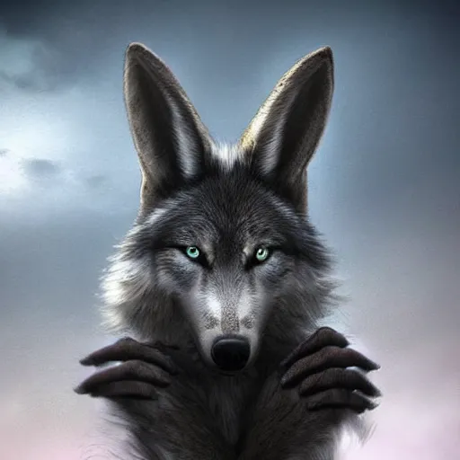 Image similar to a wolf with human hands and bunny ears trending on artstation deviantart pinterest photorealistic hd 8 k highlights and shadow detailed high resolution