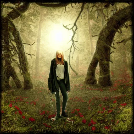 Image similar to ultra realisic creepy long leg monster cover of roten flowers in a dark forest at midnight