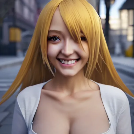 Image similar to a very beautiful 3d anime girl on the street, unreal engine 5 4k render, hazler eyes, cute smile, incredibly high detailed, studio quality, trending on artstation, medium shot, long blonde hair